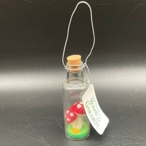 Handmade‎ Felt Mushroom Fairy Bottle Ornament 4" Jar Cork Top Fair Trade Nepal